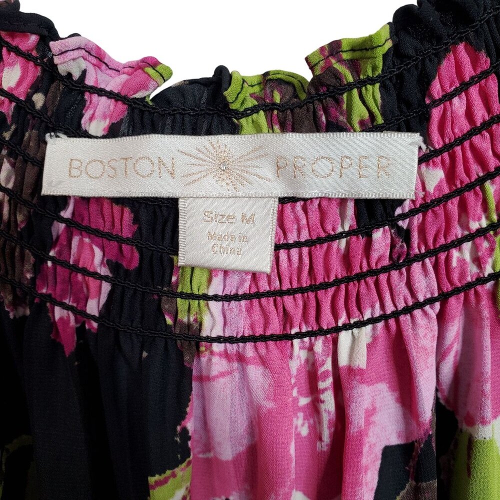 Boston Proper Sz M Dress Floral Chiffon Smocked Neckline Off Shoulder Puff Sleev - Picture 3 of 12